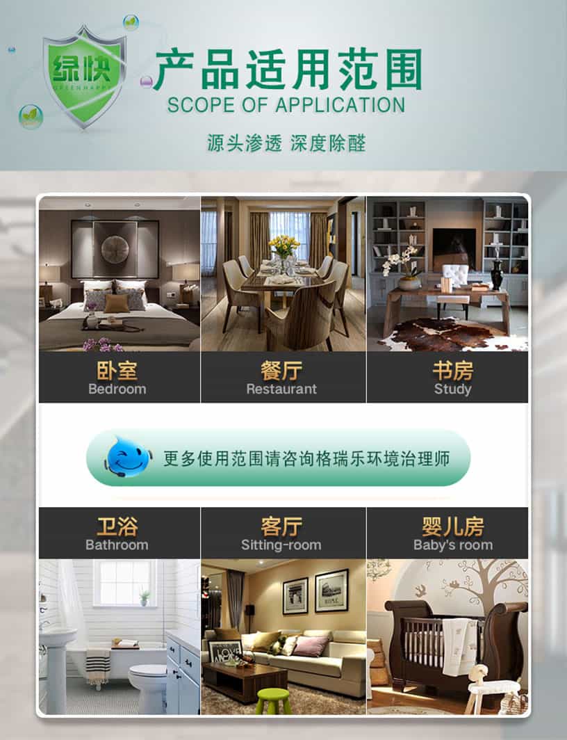 產(chǎn)品適用范圍，SCOPE OF APPLICATION,源頭滲透，深度除醛，臥室，Bedroom,餐廳，Restarant,書(shū)房，Study，衛(wèi)浴，Bathroom,客廳，Siting-room,嬰兒房，Baby' room,更多使用范圍請(qǐng)咨詢(xún)格瑞樂(lè)環(huán)境治理師
