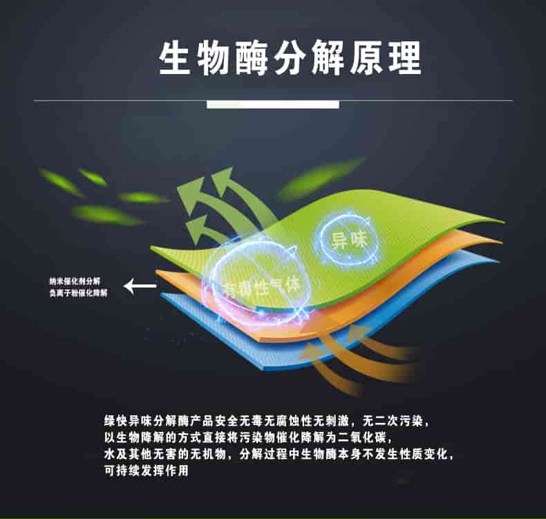 生物酶分解原理，綠快異味分解酶產(chǎn)品安全無毒無腐蝕性無刺激，無二次污染，以生物降解的方式直接將污染物催化降解為二氧化碳，水及其他無害的無機(jī)物，分解過程中生物酶本身不發(fā)生性質(zhì)變化，可持續(xù)發(fā)揮作用