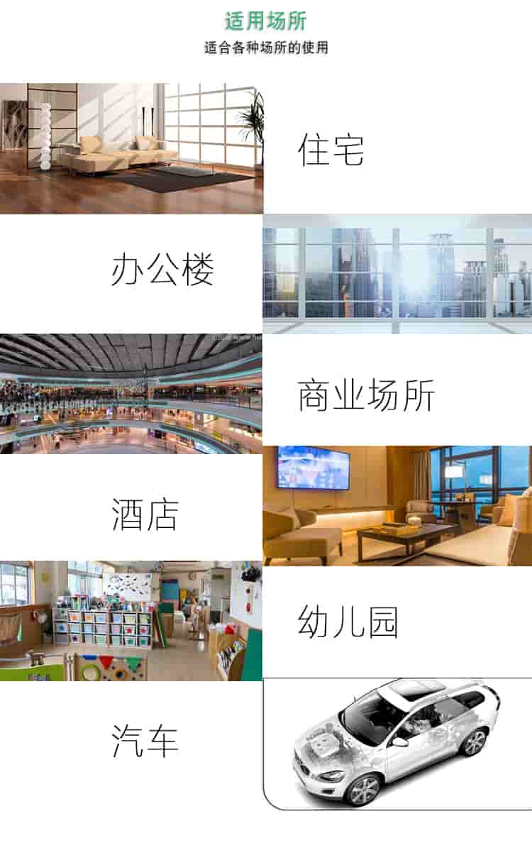 適用場所，適合各種場所的使用，住宅，辦公樓，商業(yè)場所，酒店，幼兒園，汽車