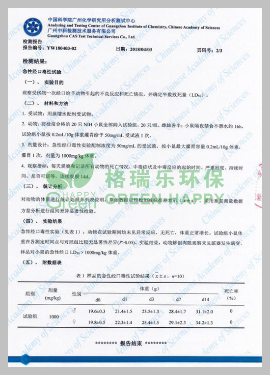 武漢除甲醛,武漢甲醛治理，武漢甲醛檢測,格瑞樂環(huán)保綠快光催化植物生物觸媒中科院口毒性試驗檢測報告