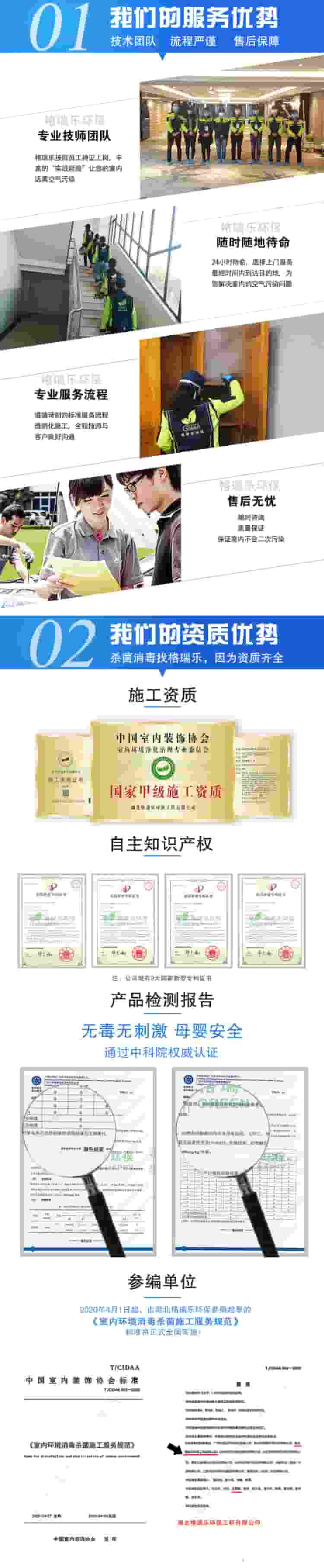 5.01我們的服務(wù)優(yōu)勢，技術(shù)團隊，流程嚴謹，售后保障，格瑞樂專業(yè)技術(shù)團隊，格瑞樂技術(shù)員工持證上崗，讓您的室內(nèi)遠離空氣污染。格瑞樂環(huán)保24小時待命，選擇上門最短時間內(nèi)到達目的地，為您解決室內(nèi)的空氣污染問題。專業(yè)服務(wù)流程，遵循苛刻的標準服務(wù)，透明化施工，全程技師與客戶良好交流。售后無憂：隨時咨詢，質(zhì)量保障，保證室內(nèi)不會二次污染。 我們的資質(zhì)優(yōu)勢，殺菌消毒找格瑞樂，因為資質(zhì)齊全，甲級施工資質(zhì)，自足知識產(chǎn)權(quán)，公司有9大國家新型專利證書，產(chǎn)品檢測報告，無毒無刺激，母嬰安全，通過中科院權(quán)威認證，參編單位，2020年4月1日起，由湖北格瑞樂環(huán)保參編起草的《室內(nèi)環(huán)境消毒殺菌施工服務(wù)規(guī)范》標準將正式全國實施。