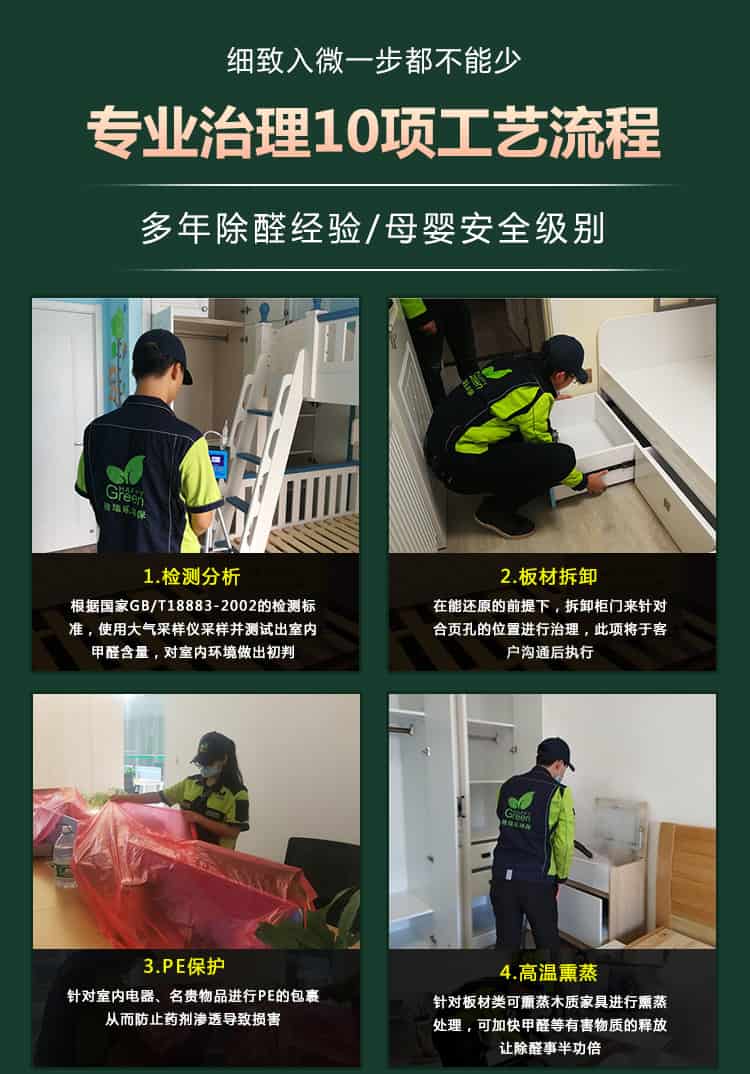 細致入微一步都不能少，專業(yè)治理10項工藝流程，多年除醛經(jīng)驗，母嬰安全級別，檢測分析，板材拆卸，PE保護，高溫熏蒸
