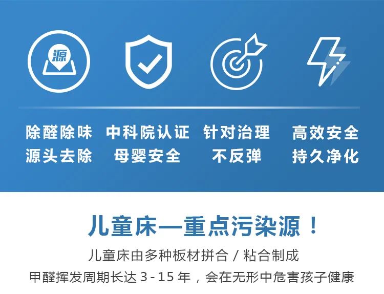 除醛除味,源頭去除,中科院認證,母嬰安全,針對治理不反彈,高效安全,持久凈化,兒童床一重點污染源,兒童床由多種板材拼合/粘合制成甲醛揮發(fā)周期長達3-15年，會在無形中危害孩子健康