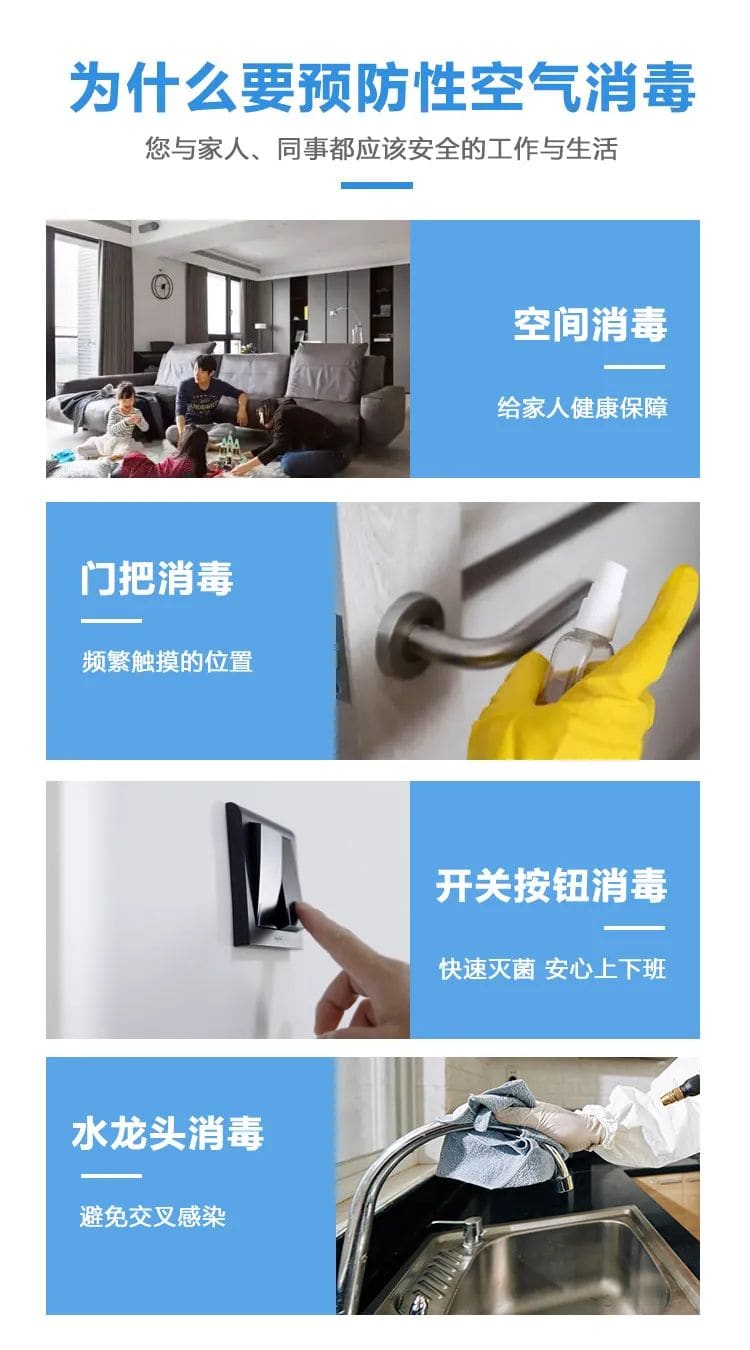為什么要預(yù)防性空氣消毒,您與家人、同事都應(yīng)該安全的工作與生活,空間消毒,給家人健康保障,門把消毒,頻繁觸摸的位置,開關(guān)按鈕消毒,快速滅菌,安心上下班,水龍頭消毒,避免交叉感染